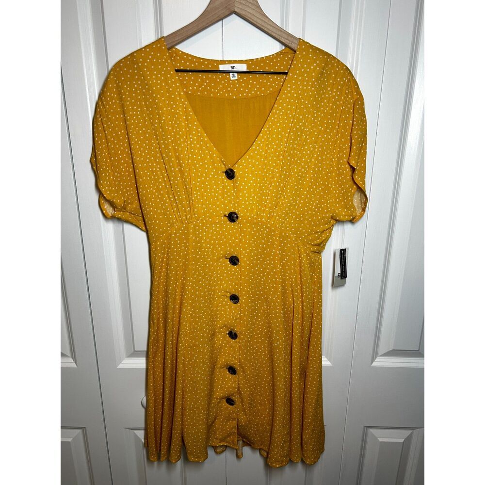 NWT BP Nordstrom Mustard Yellow Polka Dot Button Front Mini Dress Size S